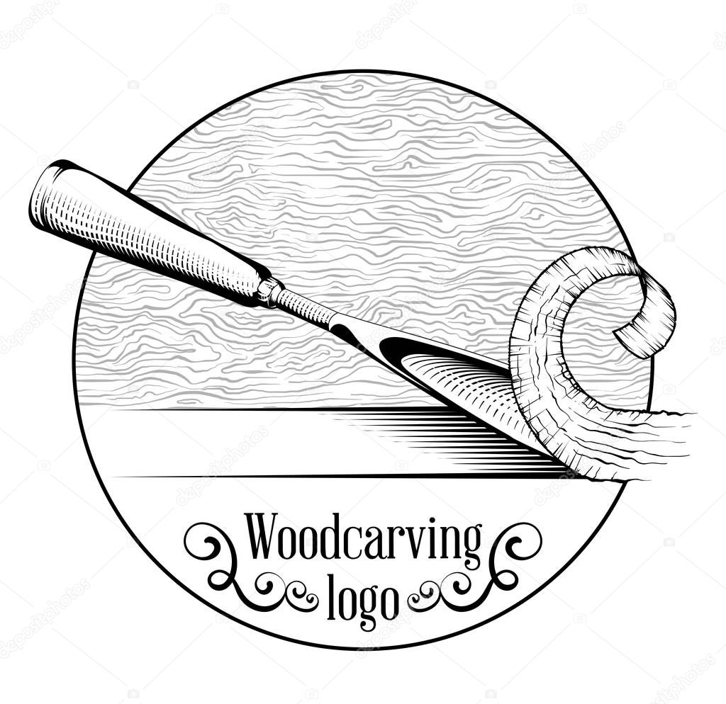 Woodcarving logotype Illustration with a chisel, cutting a wood slice, vintage style logo, black and white isolated engraving.