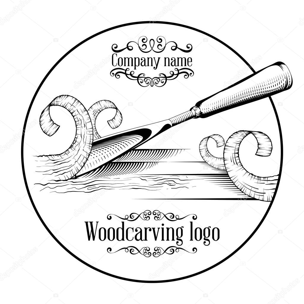 Woodcarving logotype Illustration with a chisel, cutting a wood slice, vintage style logo, black and white isolated engraving.