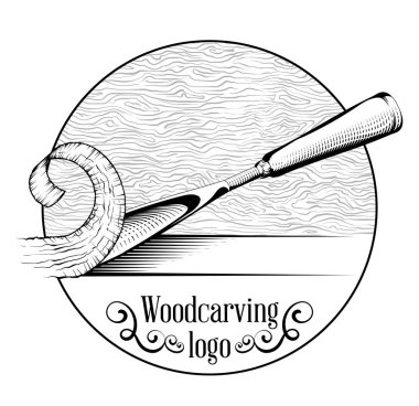 Oymacılığı logo illüstrasyon bir keski ile kesme bir ahşap dilim, vintage tarzı logo, siyah ve beyaz gravür izole.