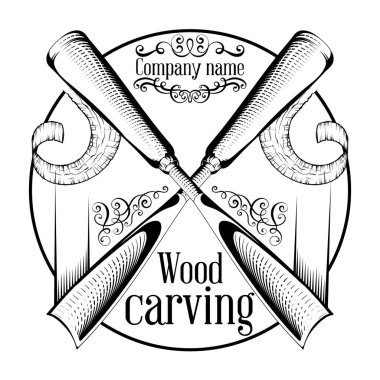 Oymacılığı logo illüstrasyon bir keski ile kesme bir ahşap dilim, vintage tarzı logo, siyah ve beyaz gravür izole.