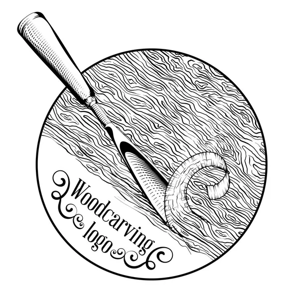 Oymacılığı Logo Illüstrasyon Bir Keski Ile Kesme Bir Ahşap Dilim — Stok Vektör