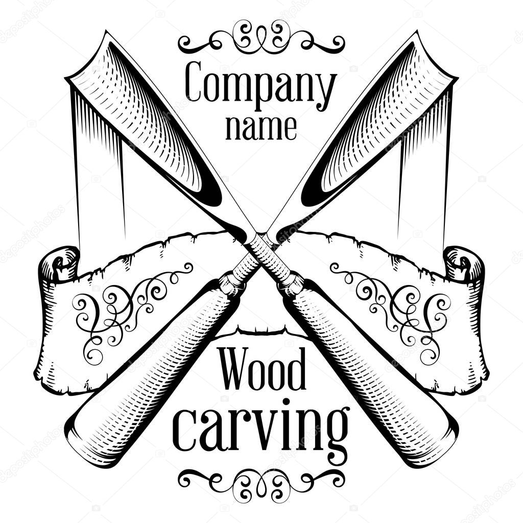 Woodcarving logotype Illustration with a chisel, cutting a wood slice, vintage style logo, black and white isolated engraving.