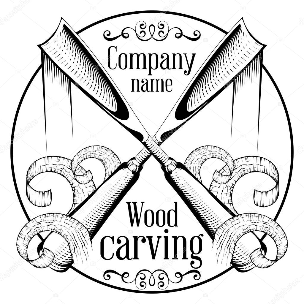 Woodcarving logotype Illustration with a chisel, cutting a wood slice, vintage style logo, black and white isolated engraving.