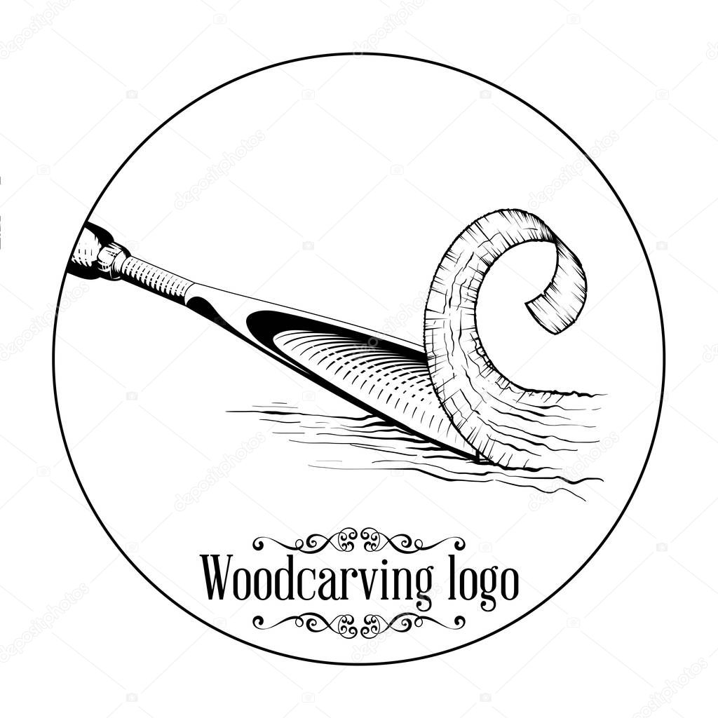 Woodcarving logotype Illustration with a chisel, cutting a wood slice, vintage style logo, black and white isolated engraving.