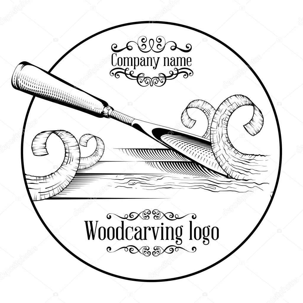 Woodcarving logotype Illustration with a chisel, cutting a wood slice, vintage style logo, black and white isolated engraving.