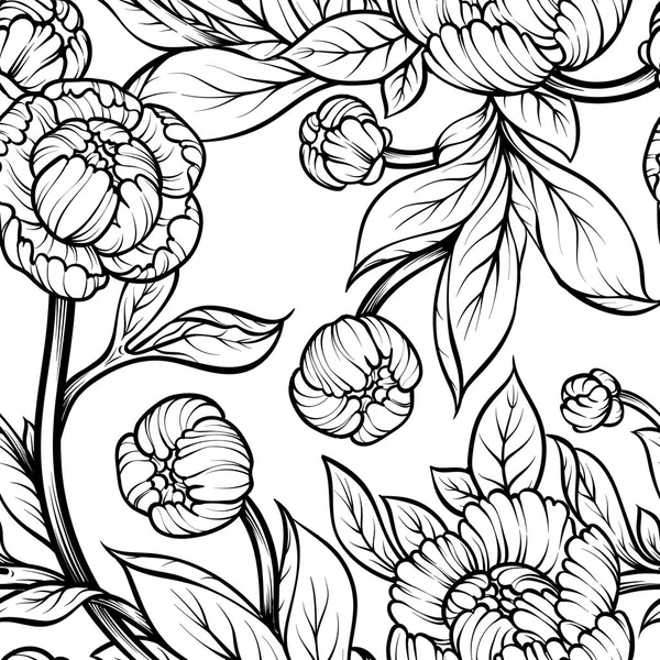 Pivoine Fleur Motif Sans Couture Dessin Ligne Vecteur Dessiné Main — Image vectorielle