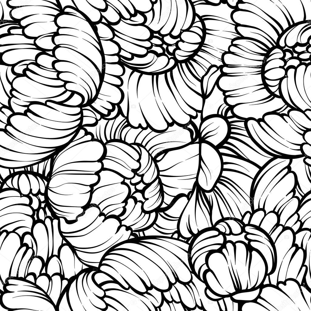 Peony flower seamless pattern line drawing. Vector hand drawn engraved floral background Black ink sketch. Great for invitation card, fabric, print and decorations.