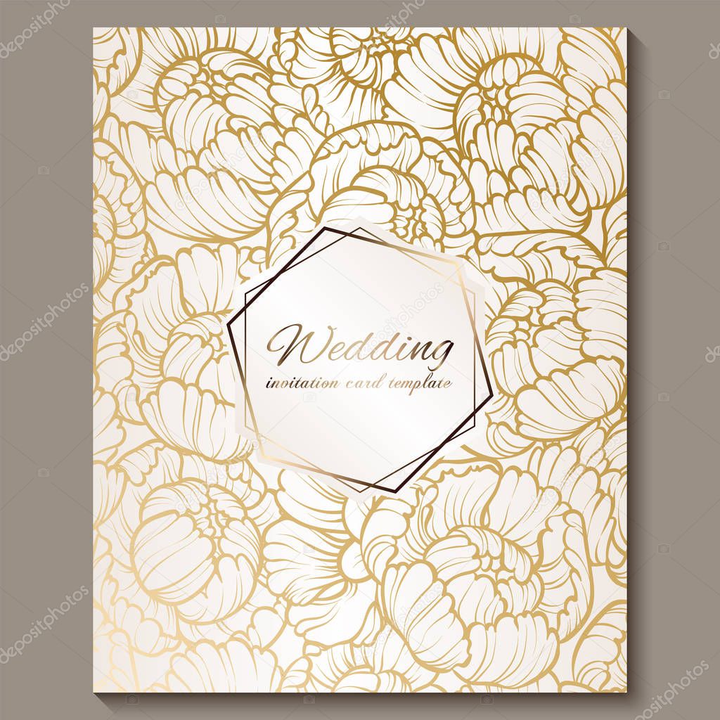 Antique royal luxury wedding invitation, gold on white background with frame and place for text, lacy foliage made of roses or peonies with shiny gradient.