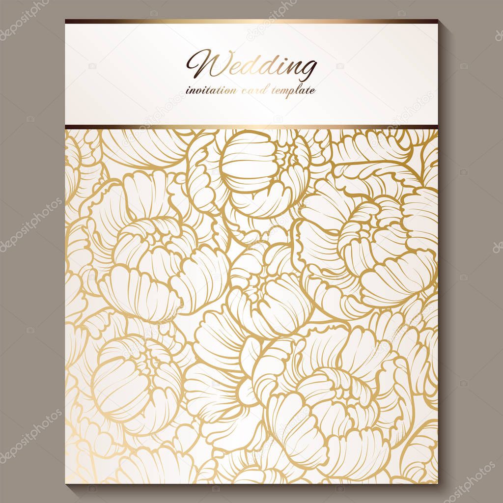 Antique royal luxury wedding invitation, gold on white background with frame and place for text, lacy foliage made of roses or peonies with shiny gradient.