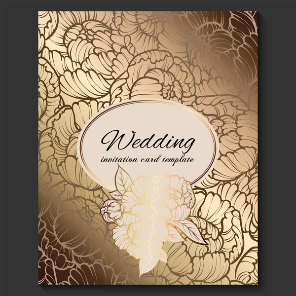 Antique royal luxury wedding invitation, gold on beige background with frame and place for text, lacy foliage made of roses or peonies with shiny gradient — Stock Vector