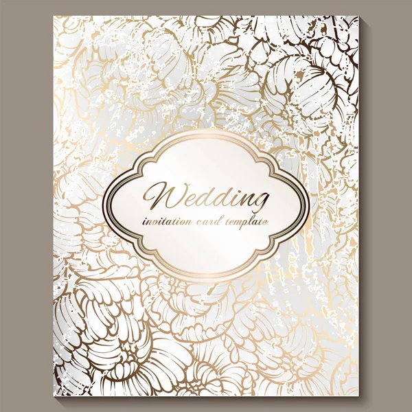 Antique royal luxury wedding invitation, gold on white background with frame and place for text, lacy foliage made of roses or peonies with shiny gradient — Stock Vector
