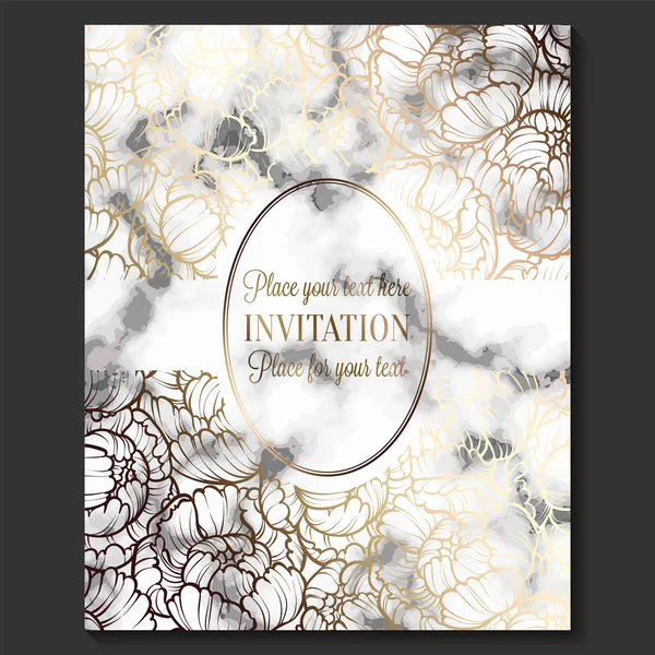 Luxury and elegant wedding invitation cards with marble texture and gold geometric template for text. Modern wedding invitation decorated with peony flower pattern — Stock Vector