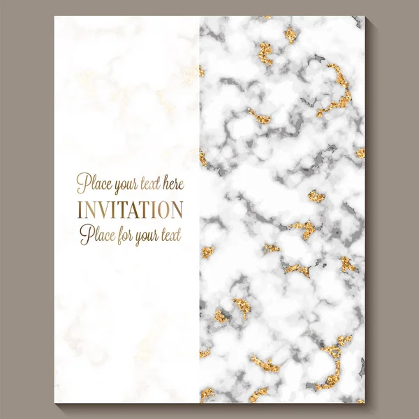 Cartes d'invitation de mariage de luxe et élégantes avec texture en marbre et fond pailleté or. Invitation de mariage moderne — Image vectorielle