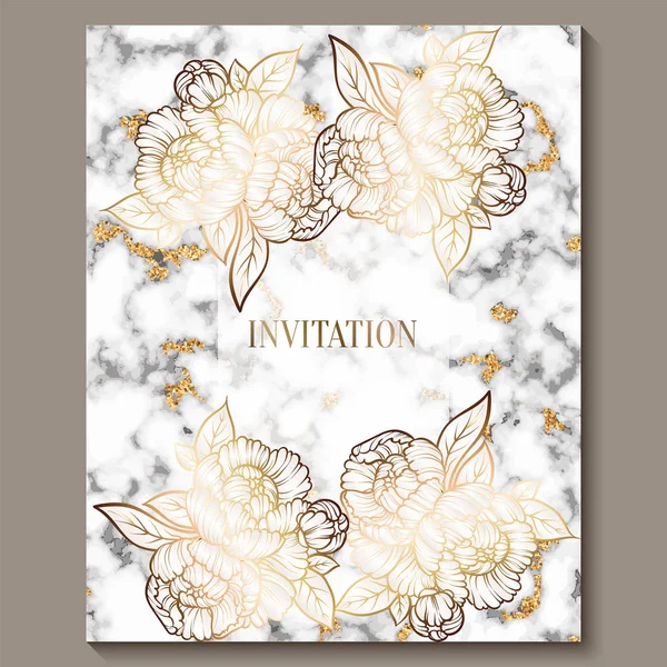 Luxury and elegant wedding invitation cards with marble texture and gold glitter background. Modern wedding invitation decorated with peony flowers — Stock Vector