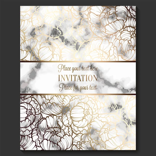 Luxus und elegante Hochzeitseinladungskarten mit Marmorstruktur und geometrischer Vorlage für den Text aus Gold. Moderne Hochzeitseinladung mit Pfingstrosenblütenmuster — Stockvektor