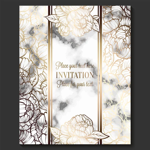 Luxury and elegant wedding invitation cards with marble texture and gold geometric template for text. Modern wedding invitation decorated with peony flower pattern — Stock Vector