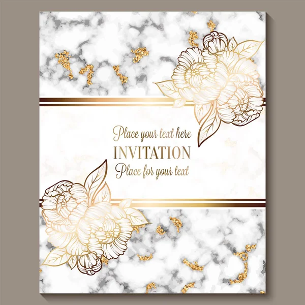 Luxury and elegant wedding invitation cards with marble texture and gold glitter background. Modern wedding invitation decorated with peony flowers — Stock Vector
