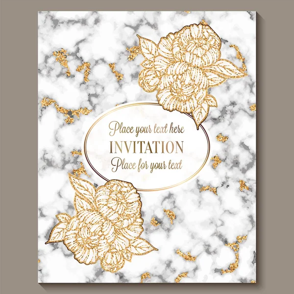 Luxury and elegant wedding invitation cards with marble texture and gold glitter background. Modern wedding invitation decorated with peony flowers — Stock Vector