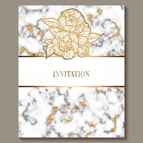 Luxury and elegant wedding invitation cards with marble texture and gold glitter background. Modern wedding invitation decorated with peony flowers — Stock Vector