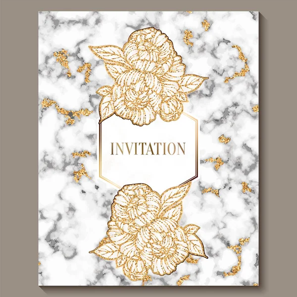 Luxury and elegant wedding invitation cards with marble texture and gold glitter background. Modern wedding invitation decorated with peony flowers — Stock Vector