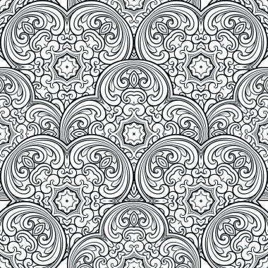 Doğu veya Arapça tarzında Dikişsiz geometrik çizgi deseni. Zarif tek renkli doku. Siyah beyaz grafik arka plan, dantel desen