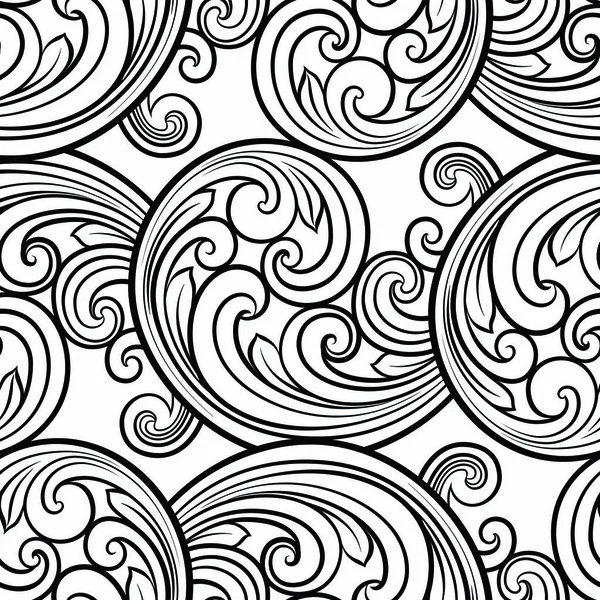Gulungan-gulungan barok tak bertepi pola baris dalam gaya timur atau arab. Tekstur monokrom yang indah. Latar belakang grafis hitam dan putih, pola renda - Stok Vektor