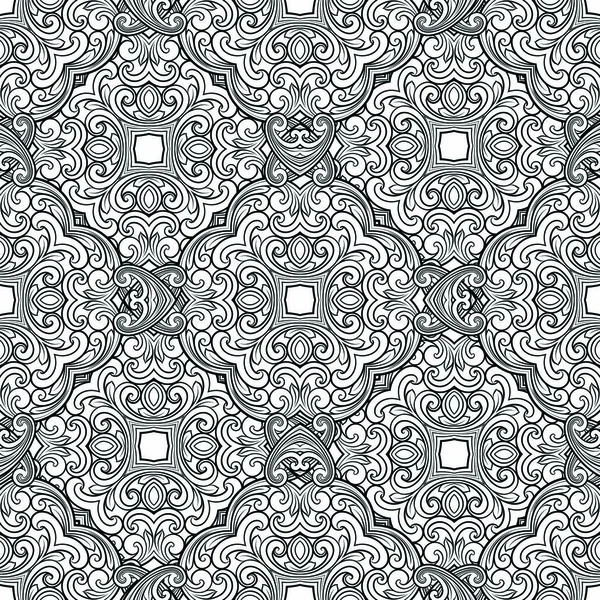 Patrón de línea geométrica inconsútil en estilo oriental o árabe. Exquisita textura monocromática. Fondo gráfico en blanco y negro, patrón de encaje — Vector de stock