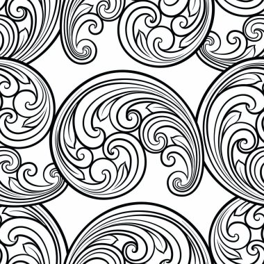 Sorunsuz Barok çizgi deseni Doğu ya da Arap tarzında kayar. Nefis tek renkli doku. Siyah-beyaz grafik arka plan, dantel modeli