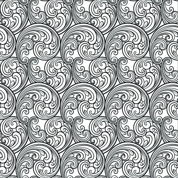 Patrón de línea de pergaminos barrocos sin costura en estilo oriental o árabe. Exquisita textura monocromática. Fondo gráfico en blanco y negro, patrón de encaje — Vector de stock