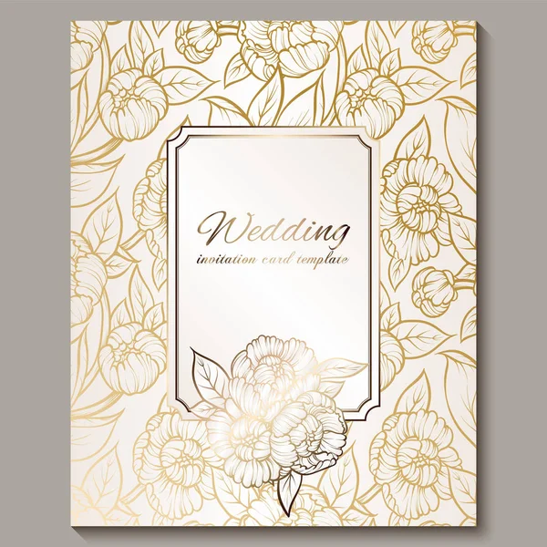 Exquisite royal luxury wedding invitation, gold on white background with frame and place for text, lacy foliage made of roses or peonies with golden shiny gradient. — Stock Vector