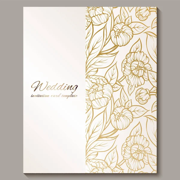 Εξαίσια Βασιλική πρόσκληση γάμου πολυτέλεια, χρυσό σε λευκό φόντο με πλαίσιο και θέση για το κείμενο, δαντελένια φύλλωμα από τριαντάφυλλα ή παιώνιες με χρυσή γυαλιστερή διαβάθμιση. — Διανυσματικό Αρχείο