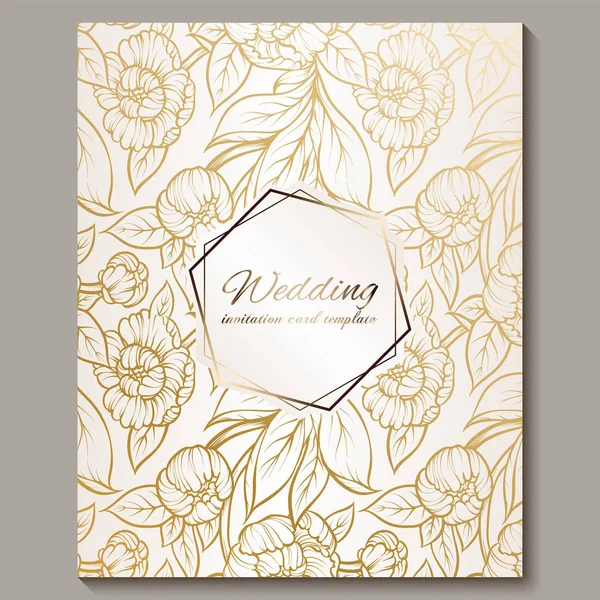 Exquisita invitación de boda de lujo real, oro sobre fondo blanco con marco y lugar para el texto, follaje de encaje hecho de rosas o peonías con degradado dorado brillante . — Archivo Imágenes Vectoriales