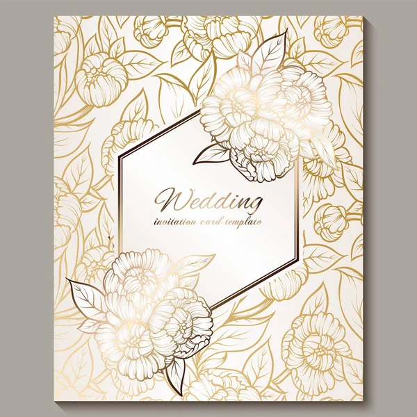 Exquisite royal luxury wedding invitation, gold on white background with frame and place for text, lacy foliage made of roses or peonies with golden shiny gradient. — Stock Vector