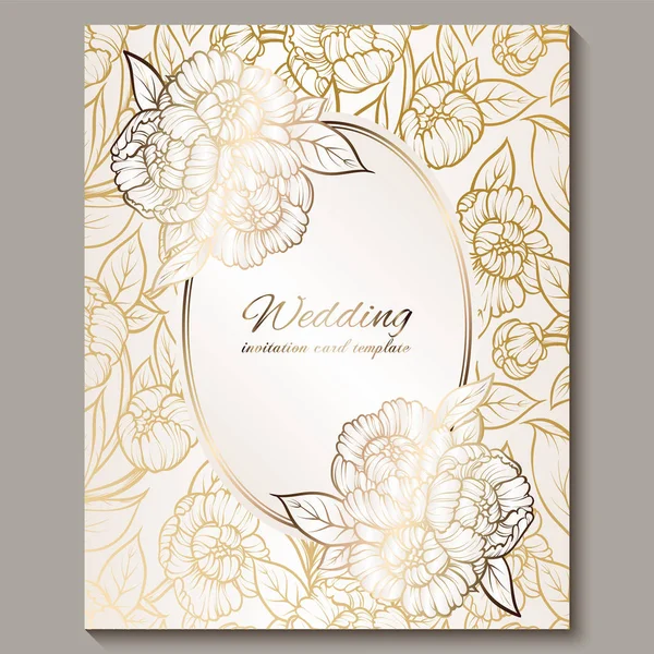 Exquisita invitación de boda de lujo real, oro sobre fondo blanco con marco y lugar para el texto, follaje de encaje hecho de rosas o peonías con degradado dorado brillante . — Archivo Imágenes Vectoriales