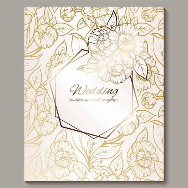 Изысканное королевское роскошное свадебное приглашение, золото на белом фоне с рамкой и местом для текста, кружевная листва из роз или пионов с золотистым блестящим градиентом . — стоковый вектор