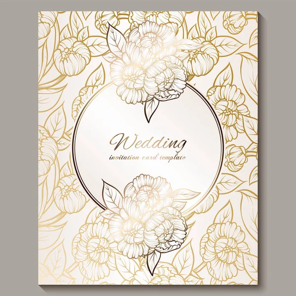 Exquisita invitación de boda de lujo real, oro sobre fondo blanco con marco y lugar para el texto, follaje de encaje hecho de rosas o peonías con degradado dorado brillante . — Archivo Imágenes Vectoriales