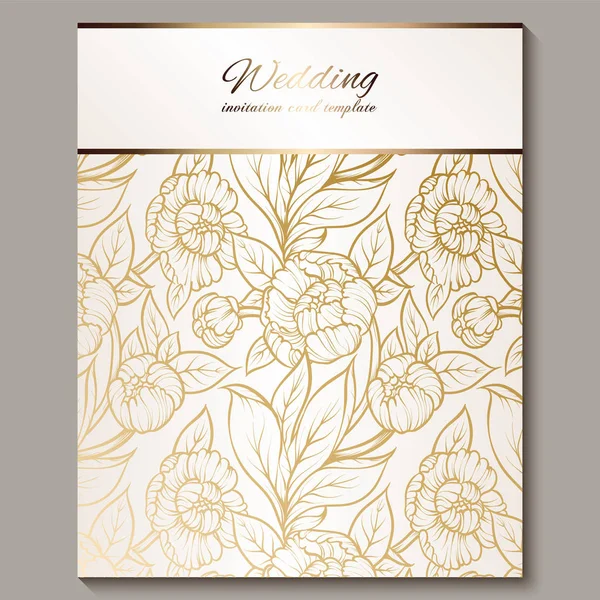 Exquisita invitación de boda de lujo real, oro sobre fondo blanco con marco y lugar para el texto, follaje de encaje hecho de rosas o peonías con degradado dorado brillante . — Vector de stock