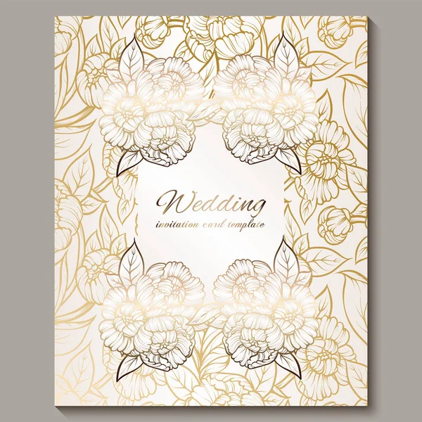 Exquisite royal luxury wedding invitation, gold on white background with frame and place for text, lacy foliage made of roses or peonies with golden shiny gradient. — Stock Vector