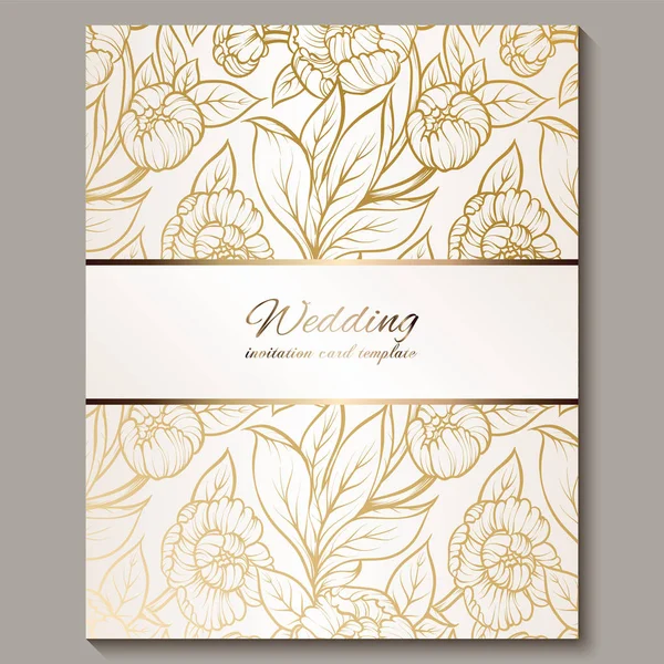 Exquisite royal luxury wedding invitation, gold on white background with  frame and place for text, lacy foliage made of roses or peonies with golden  shiny gradient. - Stock Image - Everypixel