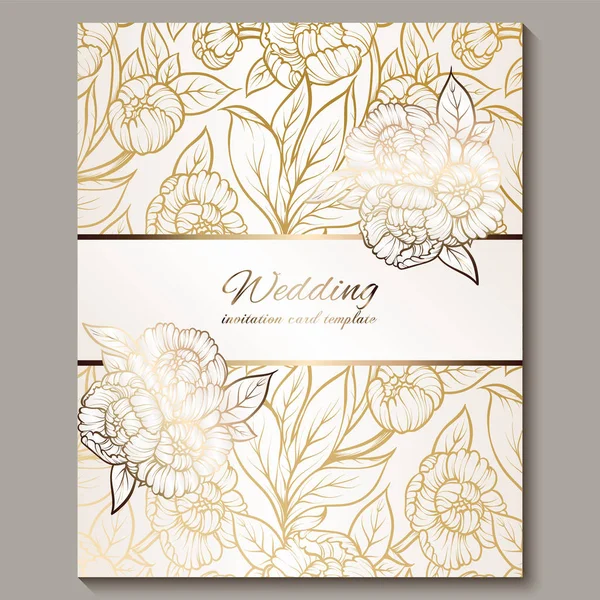 Vynikající královské luxusní svatební pozvání, zlato na bílém pozadí s rámečkem a místem pro text, krajkového listí z růží nebo pekonů se zlatým lesklým přechodem. — Stockový vektor
