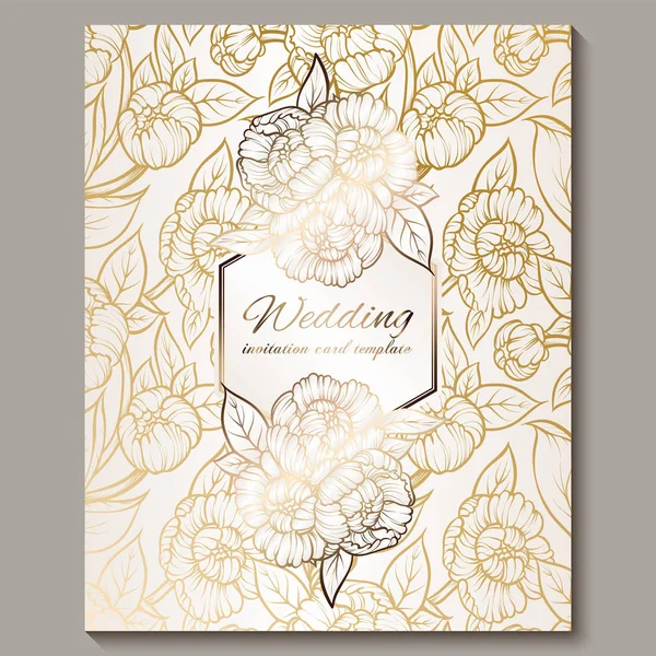 Exquise Koninklijke luxe Trouwkaart, goud op witte achtergrond met frame en plaats voor tekst, Lacy gebladerte gemaakt van rozen of Pioenen met gouden glanzende gradiënt. — Stockvector
