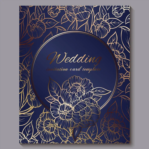 Exquisite royal luxury wedding invitation, gold on blue background with frame and place for text, lacy foliage made of roses or peonies with golden shiny gradient. — Stock Vector