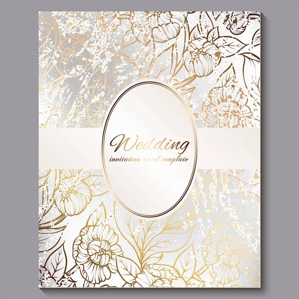 Exquisite royal luxury wedding invitation, gold on white background with frame and place for text, lacy foliage made of roses or peonies with golden shiny gradient. — Stock Vector