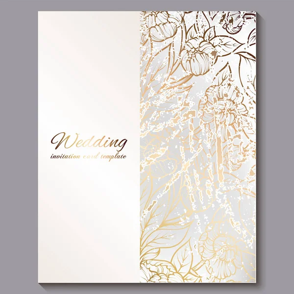 Exquisite royal luxury wedding invitation, gold on white background with frame and place for text, lacy foliage made of roses or peonies with golden shiny gradient. — Stock Vector