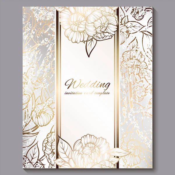 Exquisita invitación de boda de lujo real, oro sobre fondo blanco con marco y lugar para el texto, follaje de encaje hecho de rosas o peonías con degradado dorado brillante . — Vector de stock