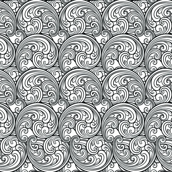 Patrón de línea de pergaminos barrocos sin costura en estilo oriental o árabe. Exquisita textura monocromática. Fondo gráfico en blanco y negro, patrón de encaje — Vector de stock
