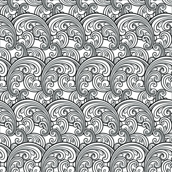 Varrat nélküli, barokk tekercses vonalmintázat keleti vagy arab stílusban. Remek fekete-fehér textúra. Fekete-fehér grafikus háttér, csipke minta — Stock Vector