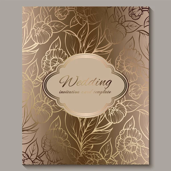 Exquisita invitación de boda de lujo real, fondo floral dorado con marco y lugar para el texto, follaje de encaje hecho de rosas o peonías con degradado dorado brillante . — Vector de stock