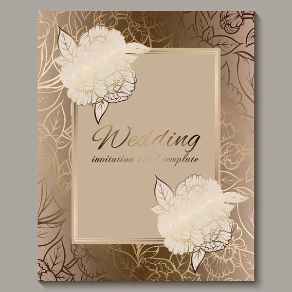 Exquise invitation royale de mariage de luxe, fond floral doré avec cadre et place pour le texte, feuillage dentelle en roses ou pivoines avec dégradé brillant doré . — Image vectorielle