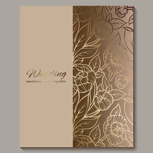 Exquisite königliche Hochzeitseinladung, goldener floraler Hintergrund mit Rahmen und Platz für Text, Spitzenblätter aus Rosen oder Pfingstrosen mit goldenem Glanzverlauf. — Stockvektor